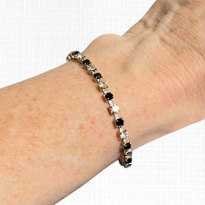 Vintage Tennis Bracelet Silver Tone Black White Rhinestone Dainty Evening Formal